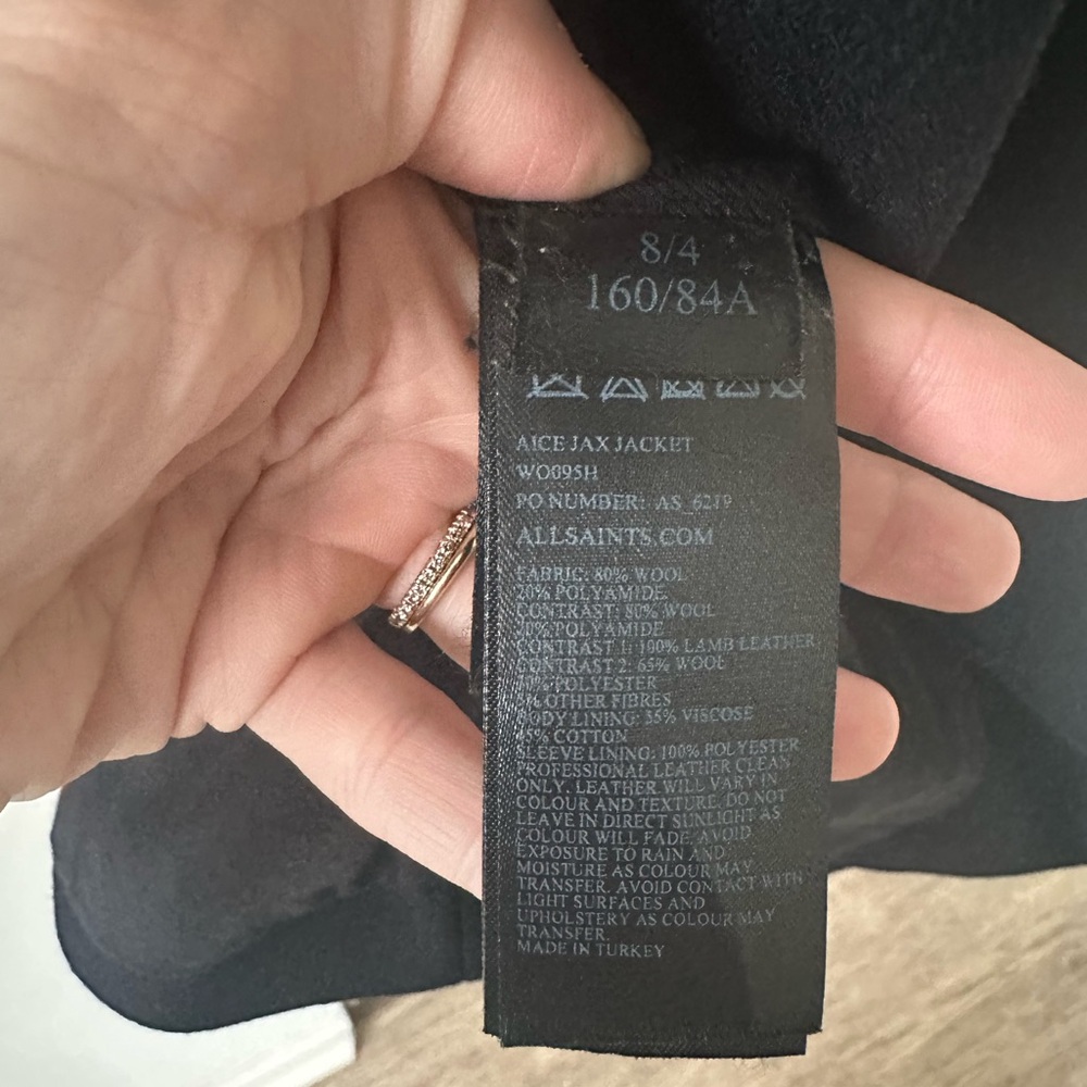 All Saints Black Leather Sleeve Wool Jacket (AICR JAX) size US 4 UK 8 small - Picture 10 of 10
